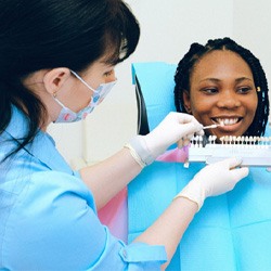 Dentist using shade guide on patient